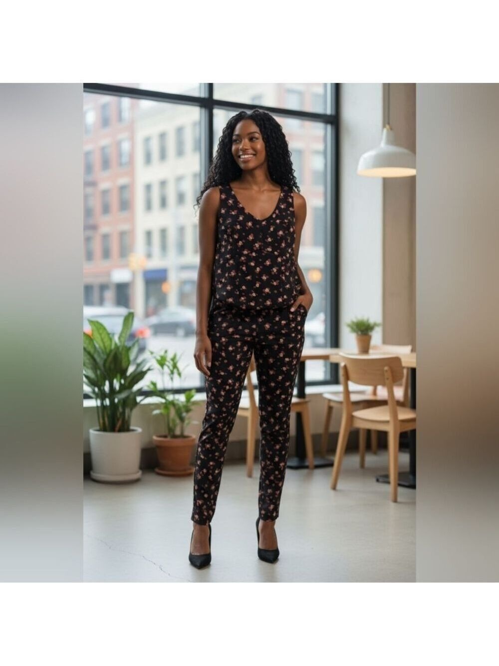Cabi Black Floral Legging Top Set Medium